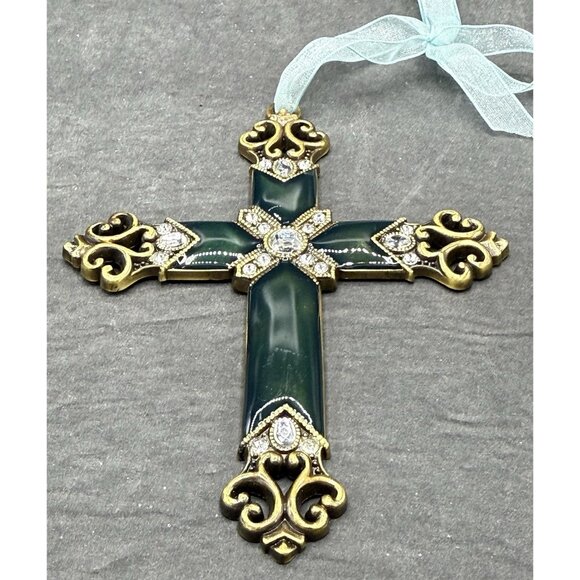 Enameled Metal Cross Ornament Rhinestone Ribbon Antiqued Christmas Holiday Decor - Picture 2 of 5